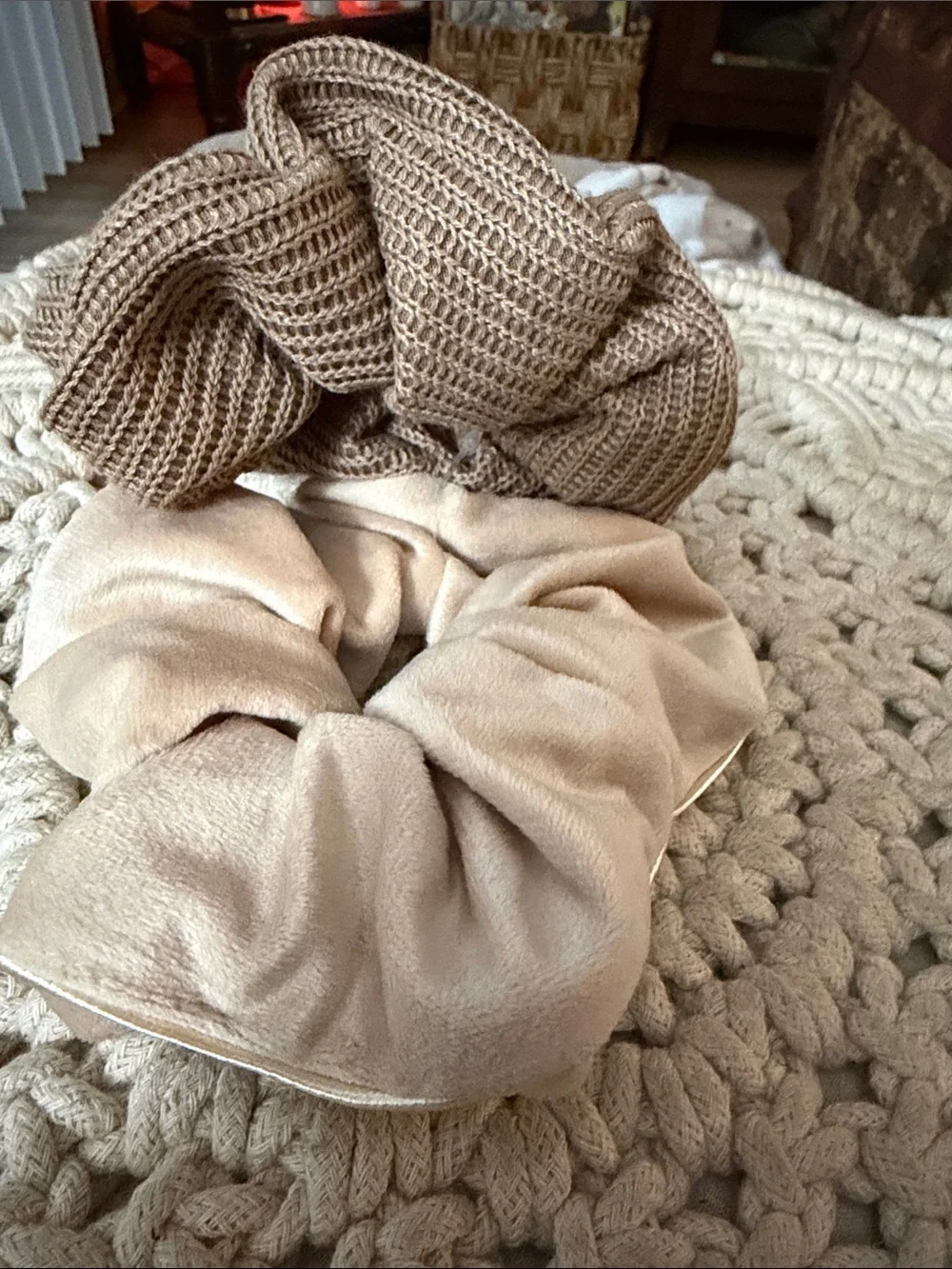 Neutral Satin and Knit Scrunchie Duo - Beige & Taupe